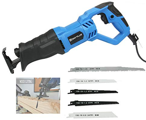 Reciprocating Saws, Corded Reciprocating Saw w/LED Light&Non-Slip Rotary Handle (90° Left & Right), Tool-Free Blade Change and Variable Speed, 5pcs Saw Blades