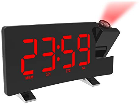 DollaTek Projection Alarm Clock for Bedroom Digital Ceiling Radio Alarm Clock with Dual Alarm Clocks 4 Dimmer 180 ° Rotatable Large LED Screen - Black shell Red word