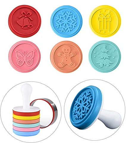 Keksstempel Set, 8-teilig, 1 Stempelgriff, 1 Ausstechring, 6 Stempelköpfe，100% BPA-freiem Silikon