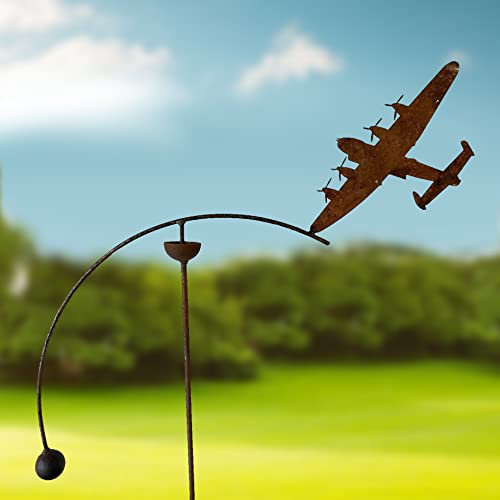 GAP GARDEN PRODUCTS - Solid Metal Rustic finish Garden Wind Spinner/Rocker with a Lancaster bomber design on a Single arm (Bare metal and will rust natuarally)