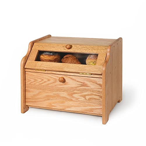 CONSDAN Bread Box, Solid Wood Oak Bread Box with Clear Window, Double Layer Bread Box for Bread Storage, Large Capacity Breadbox for Kitchen Countertop, Nature