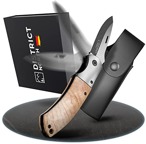 District North Zweihandmesser PK100 Klappmesser mit Wurzelholzgriff | Legal in Deutschland führen | Feinster 440C Stahl für Outdoor Survival Camping