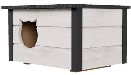 Katthus, kattkoja, kattgrotta för utomhusbruk, vintersäker, isolerad, väderbeständig, uppvärmd träkartong (vit #E08578)