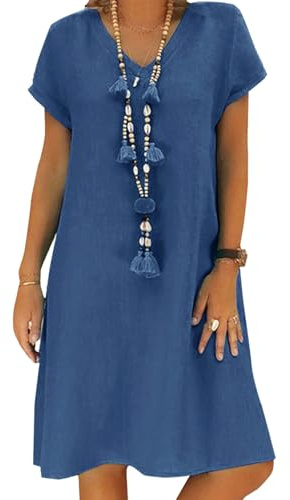 Tincini Vestito da Donna Abiti Estivi in Lino Casual V Neck Midi Dress Manica Corta A-Line Dress Sundress Tunica Senza Accessori (A Blu, XL)