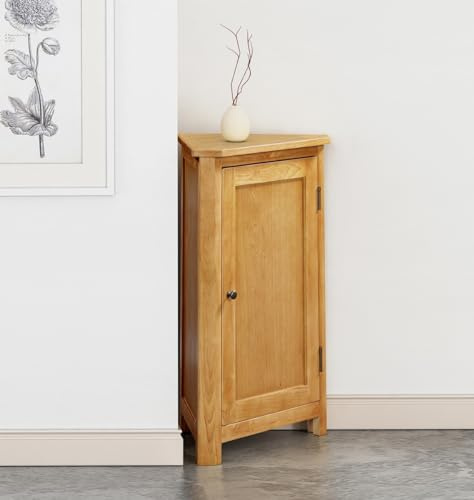 Hallowood Furniture Aston Oak Corner Unit, Small Wooden Corner Cabinets for Living Room with 1-Door Storage Cupboard + 2 Adjustable Shelves, Versatile Oak Shelf and Telephone Table