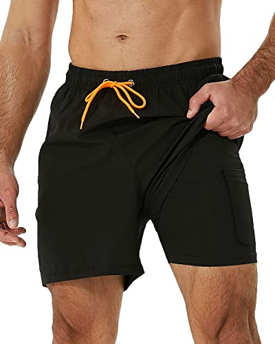 SILKWORLD Mens Swim Trunks with Compression Liner Quick-Dry Bathing Suit Swimming Shorts with Zipper Pockets,Black,Medium