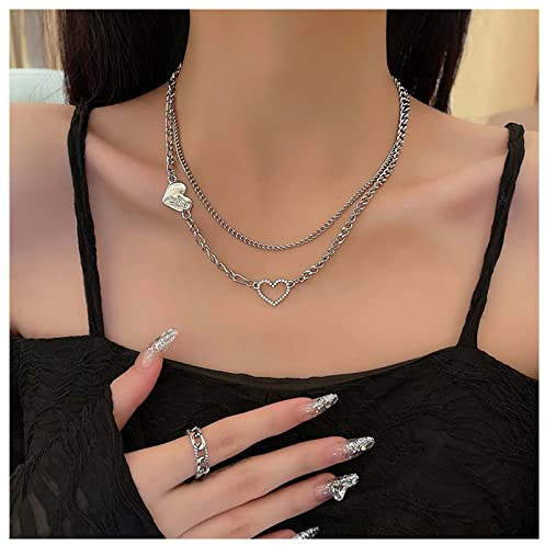 Allereya Vintage Geschichtet Kristall Herz Halskette Hohlen Strass Herz Anhänger Halskette Liebe Herz Choker Halskette Punk Silber Kandare Kette Halskette Schmuck Für Frauen Und Mädchen
