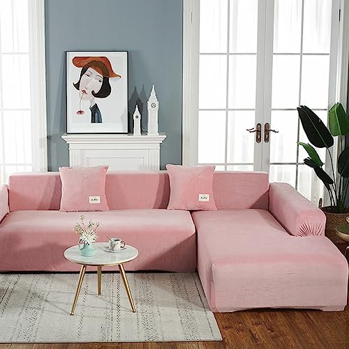 JunJiale Couchbezug in L-Form, segmentierter Sofabezug, 1-teilig, weicher Stretch-Sofa-Schonbezug, 3-Sitzer-Möbelschutz, Couch-Schonbezug (Rosa)