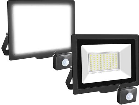 Willpower 2PCS Faro LED Esterno con Sensore di Movimento 50W 5000LM Faretto LED Bianca Fredda 6000K Proiettore LED IP66 85V-265V Luce di Sicurezza per Giardino Cortile Garage Patio Corridoio