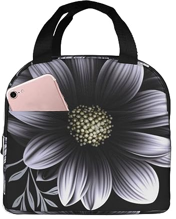 Bolsa de almuerzo negra con flores, lonchera aislada de gran capacidad, bolsas de almuerzo duraderas, impermeables, lonchera unisex para trabajo, oficina, viajes, picnic