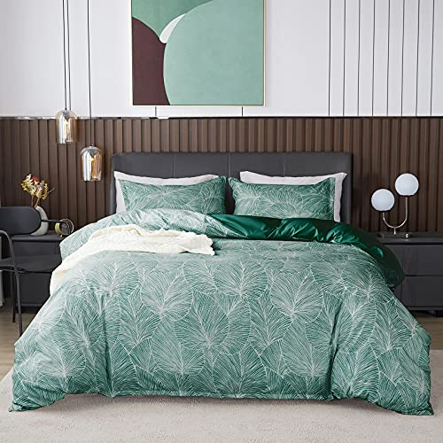 Jemiipee Blumen Bettwäsche-Set mit Tropische Palmblätter Muster, 1 x Bettbezug 220x240 cm mit 2 x Kissenbezüge 80x80 cm und Reißverschluss, Weiche 100% Mikrofaser Bettwäsche Modern, Hellgrün