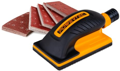 POWERTEC Vacuum Sanding Block Set w/ 1 OD Dust Extraction, Dust-Free Hook and Loop Sandpaper (40, 80, 120, 180, 240 Grit, 10 Each) for Woodworking, Sanding Tool for Auto Body, Paint, Drywall (71514V)