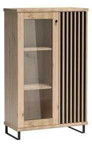 MINIO go for it - Vitrine mit Lamellen Mali, 86,4 x 141,9 x 40,6 cm, Vitrinenschrank mit Glas Türen, für das Wohnzimmer, Glasvitrine, mit Metallfüßen, ohne LED-Beleuchtung - Artisan Eiche/Schwarz