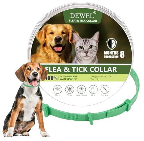 DEWEL Collar Antiparasitarios para Perros Grandes Medianos y Pequeño, Collar contra Pulgas y Garrapatas para Mascotas 6-8 Meses, Collar Antipulgas Impermeable y Cortable de 61 cm (Verde)
