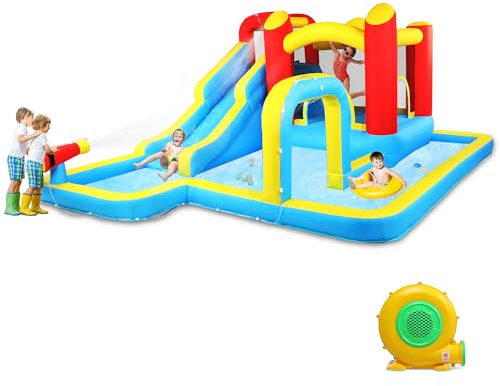LEADZM Château Gonflable Enfant avec Souffleur, Grande Aire de Jeux Gonflable avec Piscine, Toboggan, Mur d'escalade, Pistolet à Eau, Convient pour 3 Enfants 3-10 Ans, 465x365x195 cm
