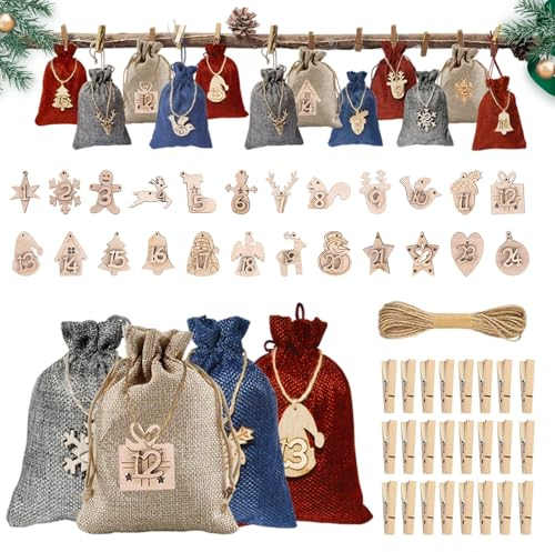 2025 Adventskalender Tüten zum Befüllen Stoff Weihnachtskalender Selber Befüllen DIY Weihnachtsdeko Jutesäckchen/Beutel, Geschenktüten Weihnachten mit Zahlen Holzanhänger für Kinder Frauen Männer