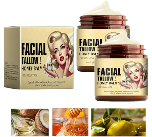 2 Stück Beef Tallow Honig Feuchtigkeitscreme Skincare,120g Tallow Bio for Skin Care,Talg Körperbalsam,Rindertalg Creme Balm,Tallow aus Grass Fed Raw Wild Honey für Gesicht,Körper Feuchtigkeit