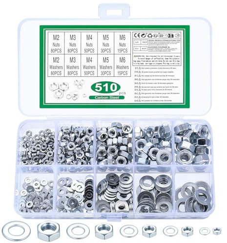 510 Pz M2 M3 M4 M5 M6 Dadi Esagonali e Rondelle Piatte: 255 Set di dadi Esagonali in Metall, 255 rondelle per Viti Barra Filettata, Dadi Bloccaggio, Rondelle e Dadi per Bulloni Viti
