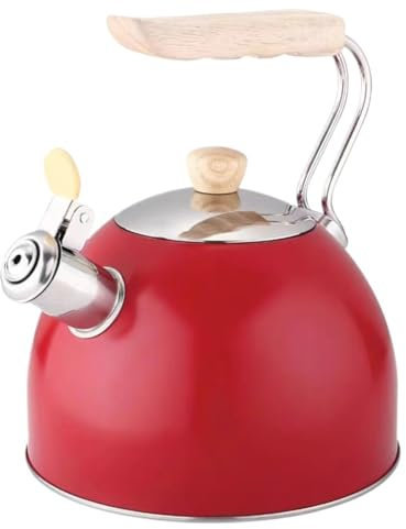 Bouilloire sifflante en acier inoxydable avec couvercle à bec verrouillable, capacité de 2,5 l, poignée en bois, théière sifflante pour le camping, bouilloire à gaz, couleur rouge