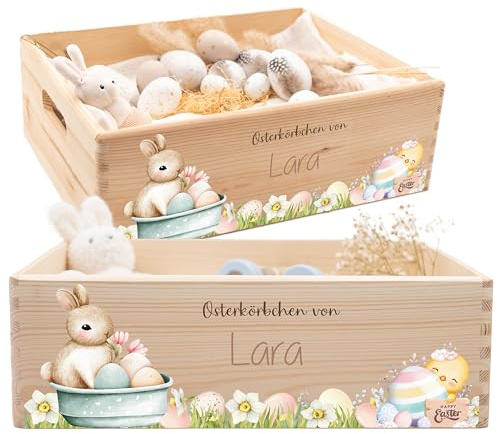 Kidsmood - Personalisierte Holzkiste mit Namen – Aufbewahrungskorb zu Ostern für Kinder, nachhaltig & kindersicher für Osterdeko & Ostergeschenke mit lustigem Badewannenhase (40x30x13)