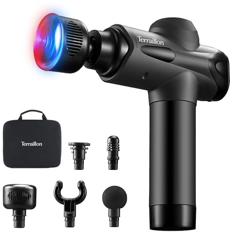 TERRAILLON - GUN MASSAGER EXPERT - Multizonen-Massagepistole, 20 Geschwindigkeiten 2800-3200 RPM, Digitalanzeige, Integrierter Timer, 5 Silikonaufsätze, davon 1 warm-kalt, USB-C, inkl. Etui, Schwarz