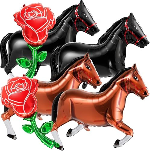 6 Stück Folienballon, Pferde Luftballons Rosen Blume Ballon, Pferde Geburtstagsdeko Luftballons, Pferde Helium Ballon Groß Rote Rosen Luftballons, für Western Cowboy Mottoparty, Geburtstags Party