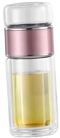 Mikikit Botella de Agua Infusor de Té 250 Ml, Vaso Portátil de Vidrio y Acero Inoxidable 304, Hermético y Resistente al Calor, para Amantes del Té en Casa y Viaje, Color Rosa Dorado