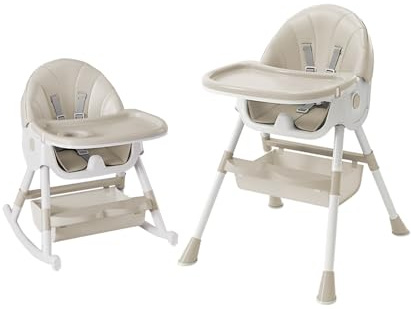 Tronas de Bebé Ajustable Trona Portatil Multifuncional Silla de Comer para Bebé con Plato Desmontable de Cena y Cinturón de Seguridad, Seis en uno - Blanco roto