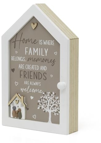 Home Key Box | Rustic Wooden Key Cabinet with 3D House & Pebble Family - Wall Mounted with 6 Hooks - 28x18cm