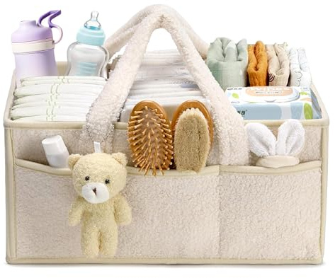 Wickeltasche Organizer, Tragbarer Wickelkorb mit Herausnehmbaren Fächern, 38x25.4x17.8cm Windel Organizer für Unterwegs mit Plüschbär, Wickeltisch Organizer für Feuchttücher und Babysachen (Weiß)