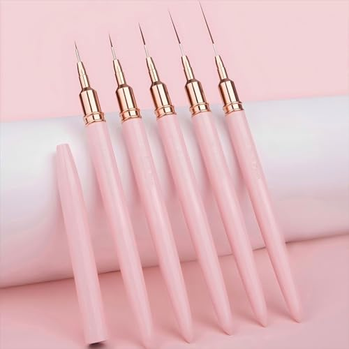 Nail Detail Brush Set with Pink Handle - Professional 5-Size Gel Art Tools for UK Technicians - Detailing/Dotting/Line Drawing (4-25mm) Premium Bristles (pink)