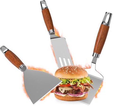 Gimars Set di 3 Spatole Professionali per Barbecue,Palette e Raschietto in Acciaio Inossidabile per Piastra Plancha,Accessori Teppanyaki Smash Burger Kit,Utensili per Griglia Barbecue Pizza