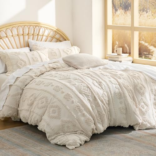 Bedsure Boho Tufted Beige Comforter Set Queen Size, GentleSoft™ 3 Pieces Boho Farmhouse Decor Bedding, Exquisite Shabby Chic Bedding for All Seasons, 1 Bed Comforter, 2 Pillow Shams, 90x90 Inches