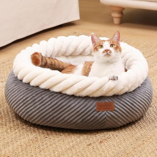 FUKUMARU Cuccia Gatto Interno, Cuccia Lavabile Rotonda per Gatti, Cuscino Morbido e Soffice per Gatti e Cuccioli, Letto Carina per Cani di Piccola Taglia in Corduroy, Fondo Antiscivolo, Grigio