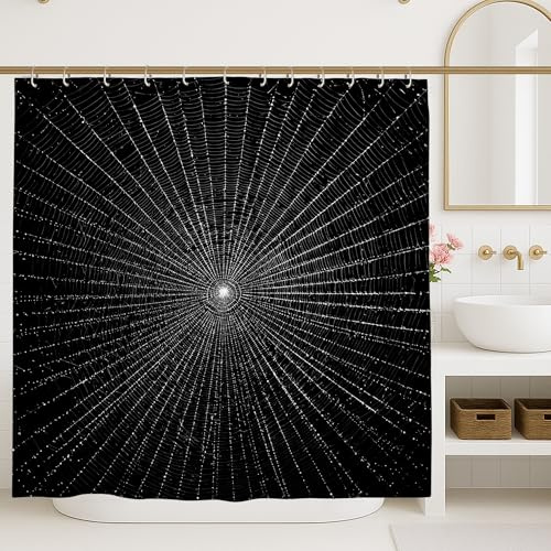 Rideau de douche en toile d'araignée noir et blanc, décoration de salle de bain, rideau de douche moderne minimaliste en tissu imperméable avec crochets 183 x 183 cm