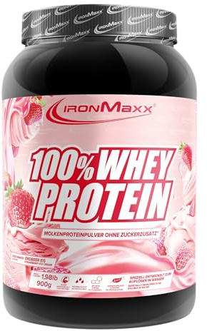 IronMaxx 100% Whey Protein 900 g - Proteína de Suero en Polvo Sabor Helado de Fresa | Con BCAA | Fácil Disolución | Batido de Proteínas para Fitness y Deportistas