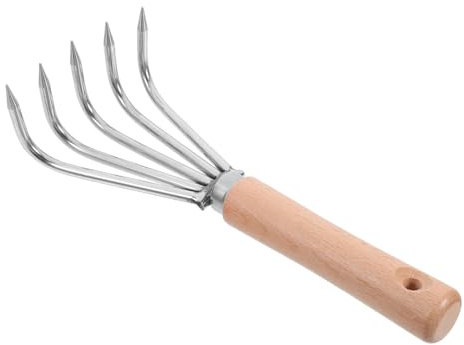 Vaguelly Rastrillo de Mano para Jardinería Desherbador de Jardín con Mango Corto de Madera, Acero Inoxidable 5 Dientes para Aflojar Suelo Compacto, Herramienta Manual Multifuncional