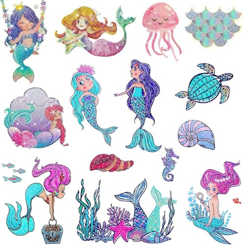 Set di tatuaggi a forma di sirena con glitter per bambini, 12 foglie, tatuaggi temporanei con glitter per ragazze, regalo di compleanno per bambini, per Halloween, Carnevale