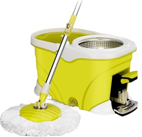 Fregona giratoria de Cuatro velocidades con Pedal, Cesta Acero Inoxidable Gran Capacidad, depósito Lavado, Cuerpo Barril Ondulado, Asistente Limpieza(Yellow)