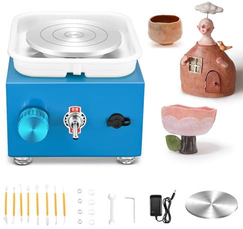 Töpferscheibe Elektrisch, Mini Electric Pottery Wheel 2000 U/min Einstellbare Geschwindigkeit mit Abnehmbarem ABS-Becken und 6,5/10 cm Drehteller, Töpferscheibe mit Tonformwerkzeug Geliefert