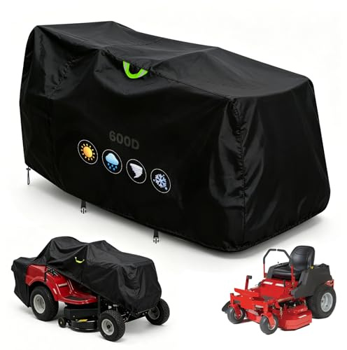 YedZen Riding Lawn Mower Cover, 183x114x117cm, 600D PVC Waterproof Lawnmower Cover 2.8kg with 2 Windproof buckle, 2 Reflective Strips Handles＆Drawstring, Ride on Mower Cover
