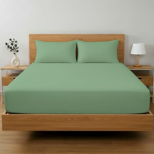 Etrexonline Juego de 3 Piezas Sábana Bajera Ajustable Cama 135x200 cm con 2 Fundas de Almohada 45x135 cm, Altura 30 cm, Microfibra Suave - Color Verde