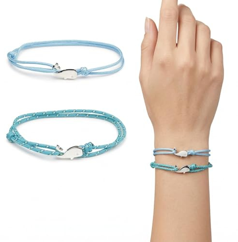 Set di 2 Bracciali con Coda di Balena per Uomo e Donna, Braccialetto in Corda Regolabile Stile Surfista Nautico, Accessori in Lega per Amanti del Mare, Verde Mimetico e Celeste