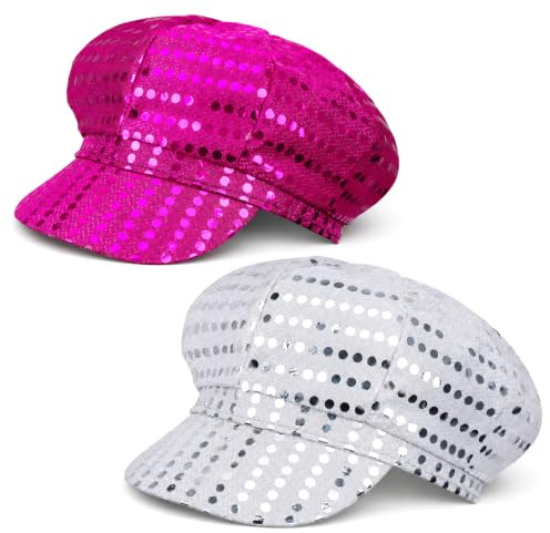 Vervora 2 Pack 70s Disco Hats for Adults, Royal Blue & Silver Sequinned Fancy Dress Party Caps, Metallic Peaked Baker Boy Hats for Women Men, 1970s Retro Costume Accessories