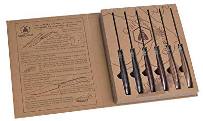 LAGUIOLE - Coffret 6 couteaux à steak - Manche en bois de pakka 3 couleurs assorties - Acier inoxydable - Boîte carton avec l'historique de la marque - Elégant et confortable à utiliser - Très résistant - acier inoxydable, manches : bois de pakka, renforts : laiton poli - Brun foncé, brun clair, gris