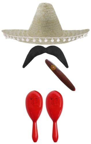 Mexikanisches Kostümzubehör-Set, Mexikanischer Sombrero + Maracas + Tash. Perfekt für mexikanische Kostüme, Senorita Bandit Mariachi (natürlicher Bommel und Sombrero + 2 rote Maracas)