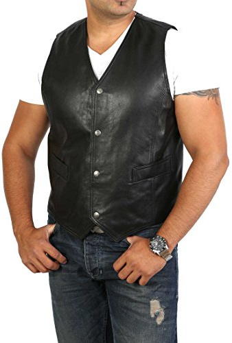 Chaleco de cuero negro suave para hombre chaleco clásico tradicional chaleco casual - Bruno, Negro, XL