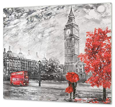 Tagliere da cucina in vetro e Copri-piano cottura a induzione – pezzo UNICO (60x52 cm) o DUE pezzi (30x52 cm ognuno); D13 Serie D'arte: Big ben rosso