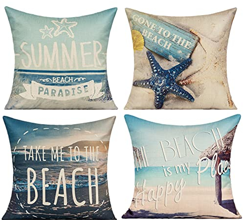 All Smiles Kissenbezug 45x45 4er Set Draußen Kissenhülle Sofakissen Zierkissenbezüge Kissen für Sofa Schlafzimmer Couch Kissenbezüge,Strand Sandstrand Ozean Meer Sommer