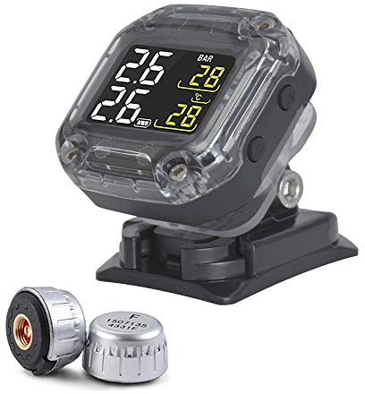 CAREUD Sistema di monitoraggio della pressione dei pneumatici TPMS per moto, senza fili, con allarme, display LCD ricaricabile, in tempo reale, per moto a due ruote, bicicletta, 2 sensori esterni